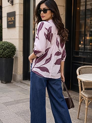 Image of NAINVISH Printed Top Short Sleeve Button Down V Neck Lightweight Soft Fabric Casual Office Summer Stylish Patterned Womens Comfort Fit Regular Top