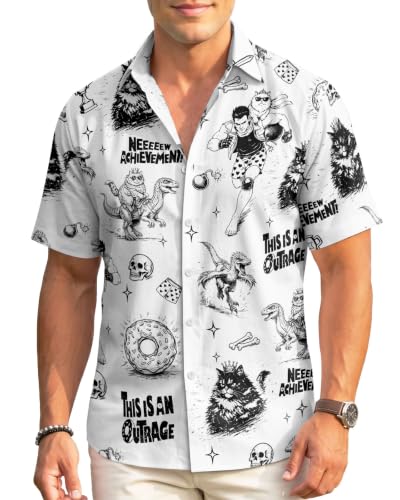 Image of 99TIMORO Funny Film Summer Button Down Shirt Men Short Sleeve Top | Movie Character Hawaiian Shirts for Men Lightweight Breathable Beach Vacation Business Casual Summer Gifts Classic Fit