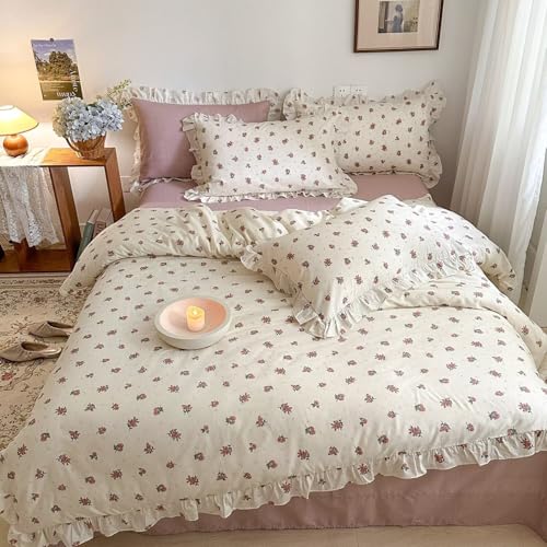 Image of MKXI Twin Size Floral Duvet Cover Set - 3 Piece White Ruffled Bedding with Red Botanical Blooms, 100% Cotton Soft Comforter Cover & Pillowcases, Romantic Shabby Chic Aesthetic, Zipper Closure