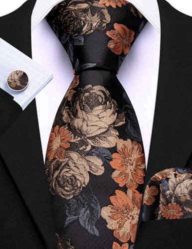 Image of Barry.Wang Flower Ties for Men Silk Woven Floral Tie Sets Necktie Handkerchief Cufflinks Wedding Party
