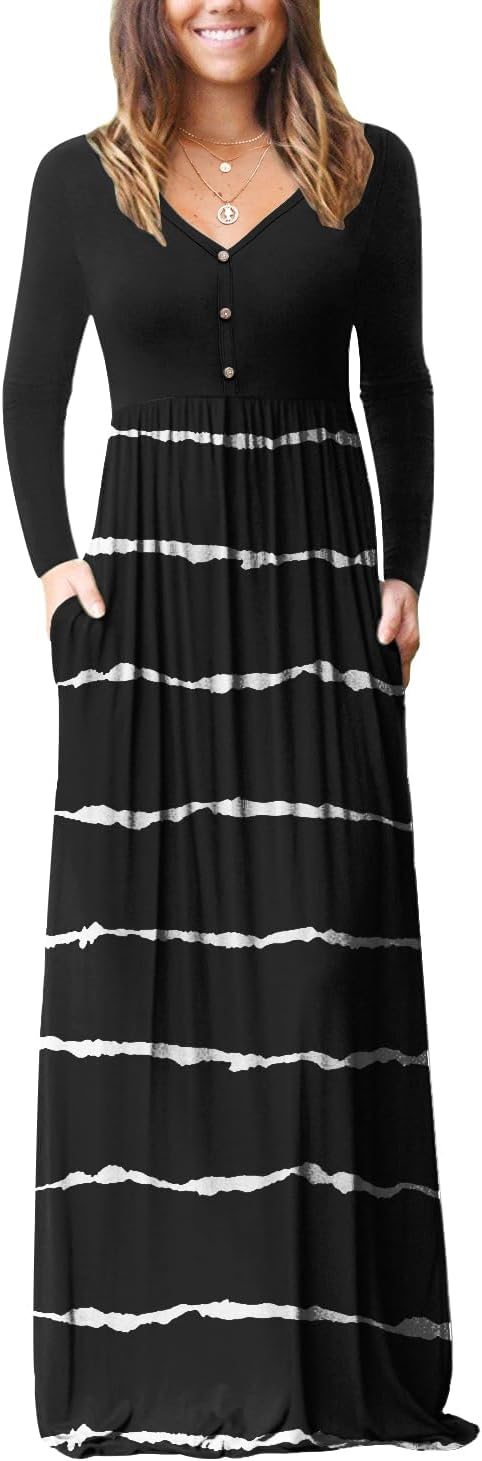 GRECERELLE Womens Long Sleeve V Neck Casual Button Maxi Dress 2025 with Pockets