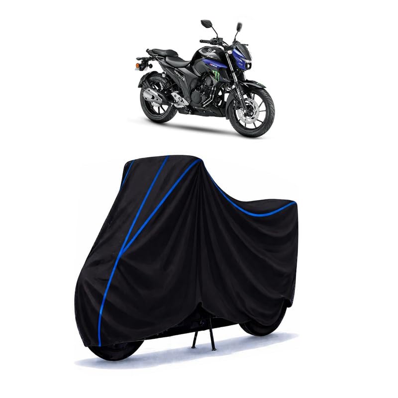 Image of FZ FI Bike Cover Water Resistant Universal Motorcycle Rain | Heavy Duty UV Protection, Dust, Scratch Indoor Outdoor All Weather with Black Blue Piping Elastic