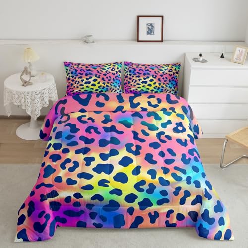 Image of Leopard Print Comforter Set Africa Cheetah Print Bedding Set Rainbow Leopard Design Down Alternative Comforter for All Season for Boys Girls Kids Women Room Decor Safari Animal Duvet Set Twin Size