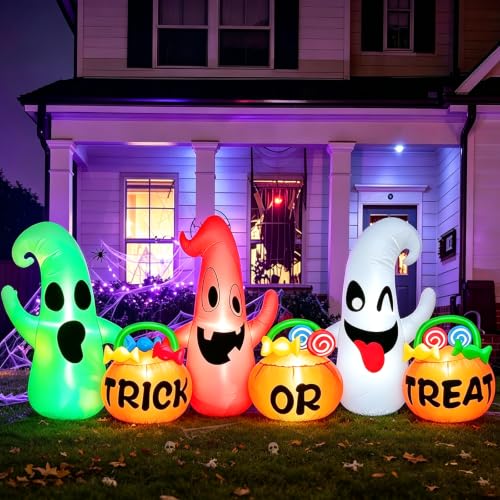 Image of 8 Ft Long Halloween Inflatable 3 Ghosts with Pumpkin Candy Bags Decoration