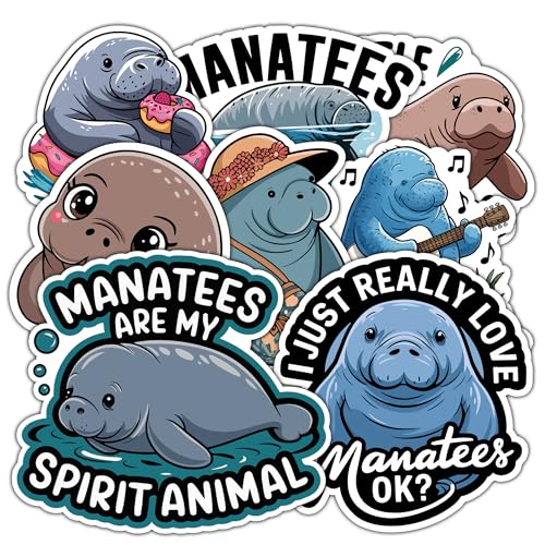 Image of Manatee Sticker 8 Pcs (Large Size) Vinyl Stickers Laptop Waterproof Decal for Car Bumper Water Bottle Notebook Luggage Window Funny Party Birthday Decorations - Size 4 Inches