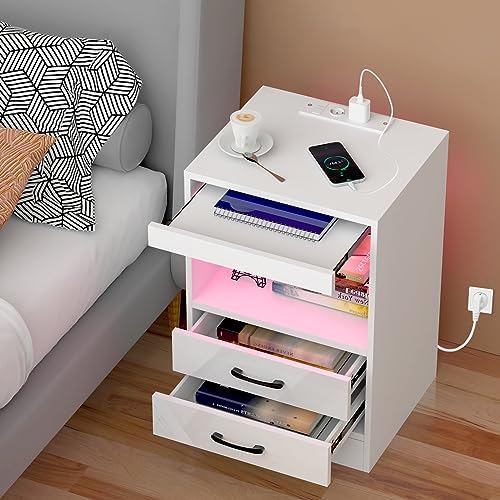 Modern Nachttisch Mit LED & Steckdose - 45x40x52cm Mit Schubladen & USB