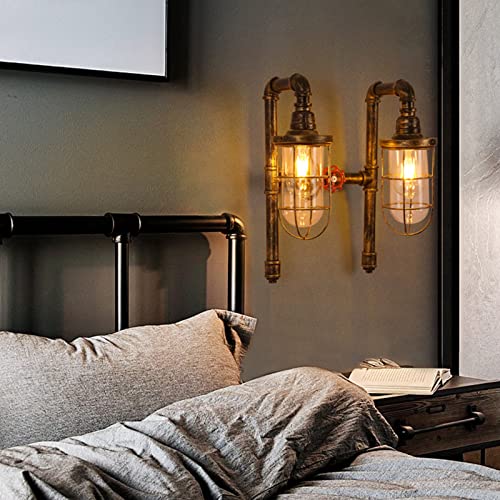 Image of TFCFL 2 Light Vintage Steampunk Wall Light, Retro Wall Sconce Light Industrial Water Pipe Wall Lamp Light Fixture E26 60W Max for Bedroom Living Room Bronze Finish