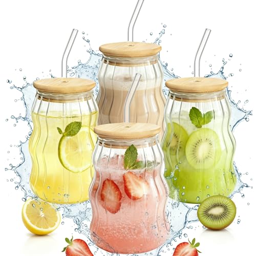 4 Packs Cute Glass Tumbler with Lid and Straw 16 oz Vintage Ice Coffee Cup Set Bulk Simple Modern for Smoothie Juice Matcha Tea Water Slushie Clear Hot Drink Glasses Travel Mug Kitchen Glassware