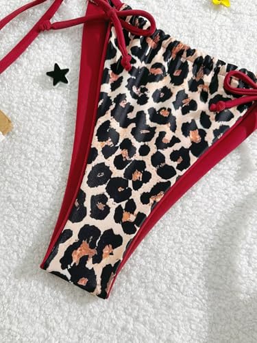 Women's Leopard Print Bathing Suit High Waisted Halter Bow Swimsuit Bikini Set4