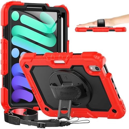 Timecity for iPad mini 6/7 (A17 Pro) Generation Case with Pencil Holder | Kids-Friendly iPad Mini 6th/ 7th Generation Protective Cover 2021/ 2024 Adjustable Stand & Shoulder Strap, Red