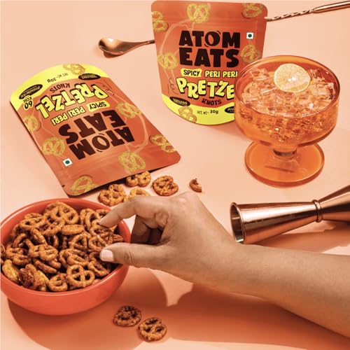 Image of Atom Eats Spicy Pretzels : Peri Peri 30g | Light & Crunchy Snacks, Perfect for Travel, Parties, Movies - Chatpata Flavor, Ideal for Namkeen Lovers - Snack Pouch | Imported Quality