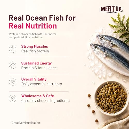 Image of Meat Up Adult Dry Cat Food 3Kg + 3kg (Free) 6Kg | Ocean Fish Flavour | Buy 1 Get 1 | Controls urinary pH | Taurine for Healthy Heart | Healthy Skin & Coat | Hair Ball Protection