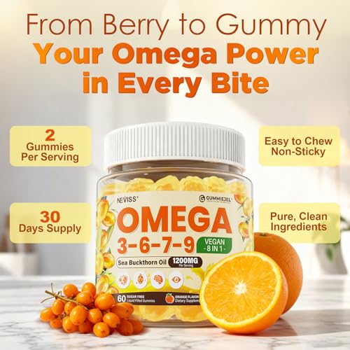 Image of Omega 3-6-7-9 Gummies, Organic Sea Buckthorn Oil 1200MG & Flaxseed Oil 500MG, Vegan Omega 7 Supplement w /Vitamin A, C, E, Fatty Acids, No Fish Taste, Supports Skin, Eye, Immune, Brain Health, 120 Cts