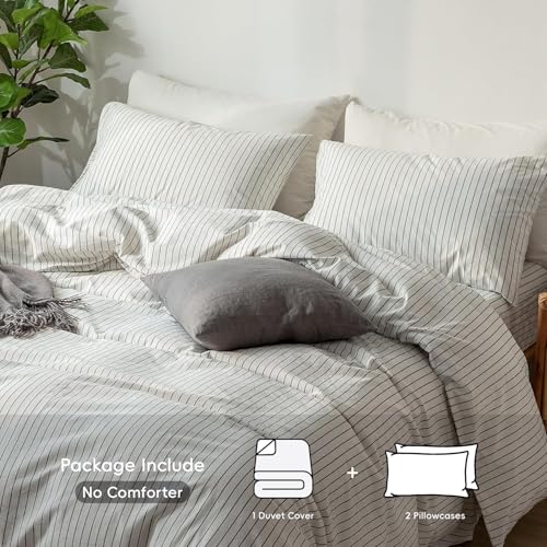 Image of MooMee Striped Duvet Cover Set 100% Washed Cotton Linen Like Oversized Full | Relaxed Linen-like Texture. Soft, Breathable & Long-lasting Comfort. Lightweight. Hidden Zipper with 8 Interior Corner Ties
