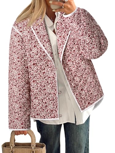 Tankaneo Womens Puffer Quilted Jacket Lightweight Floral Print Button Down Long Sleeve Patchwork Outwear Coats