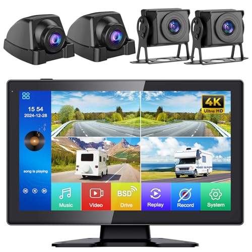 Image of karsugee 4K RV Backup Camera with 10.1 inch Quad Split Touchscreen Monitor, HD 1080P Side & Rear View Cameras DVR Recording USB Video Play Waterproof 4 Channel for Trailer RV Truck Camper Bus etc (HD01)