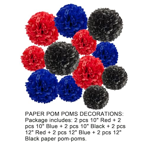 Image of 12pcs Red Blue and Black Paper Pom Poms Decorations for Birthday Party Decorations - 3 Colors of 12 Inch, 10 Inch