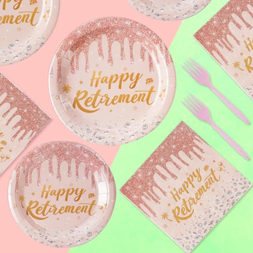 Grencian 96 Pcs Pink Happy Retirement Party Plate And Napkin Set Rose Gold Retirement Party Supplies Gold Plated Diamond Tableware Set Retirement Party Decorations For Women Going Away Party Serves 24 thumb #4