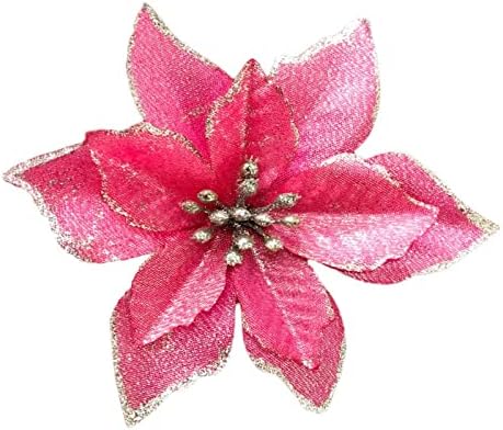 Christmas Glitter Poinsettia Christmas Artificial Flowers Tree Ornaments Pack of 12 (Pink)