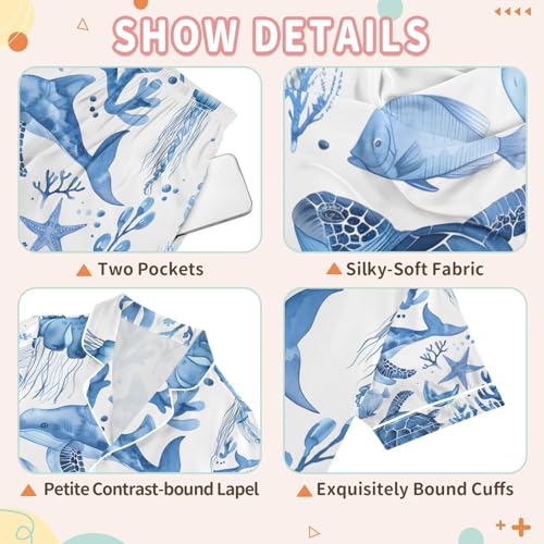 senya Sea Turtle with Whale Satin Summer Pajama Sets Silk Short Sleeve Button Down Sleepwear3