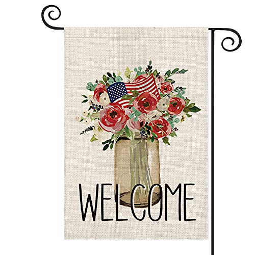 AVOIN Welcome Flowers Vase American Flag Garden Flag Double Sided, 4th of July Patriotic Memorial Day Independence Day Yard Outdoor Decoration 12.5 x 18 Inch