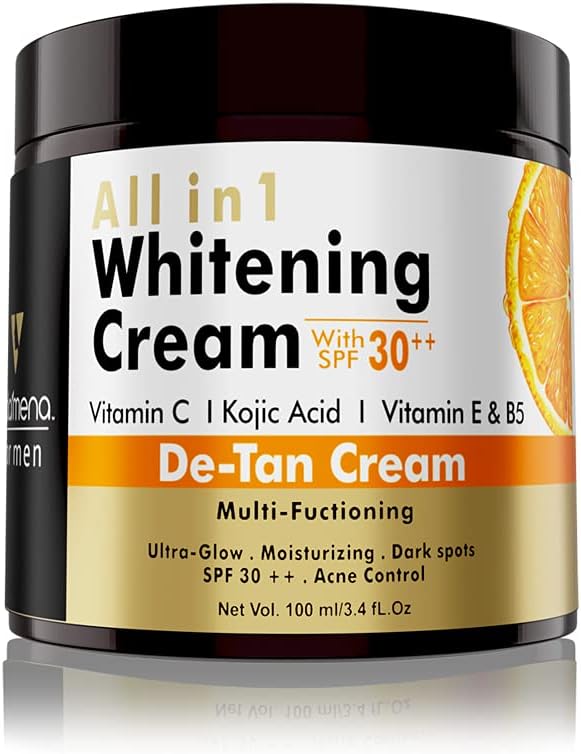 "All-in-One Whitening Face Cream for Men - SPF 30++ with Kojic Acid & Vitamin C for Tan Removal, Brightening, and Skin Protection, 100ml"