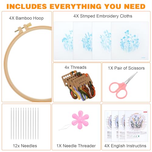 Image of Yuanan 4Pcs Pre-Printed Cross Stitch Kits, Complete Embroidery Kit for Beginners, Floral Embroidery Patterns for Beginners