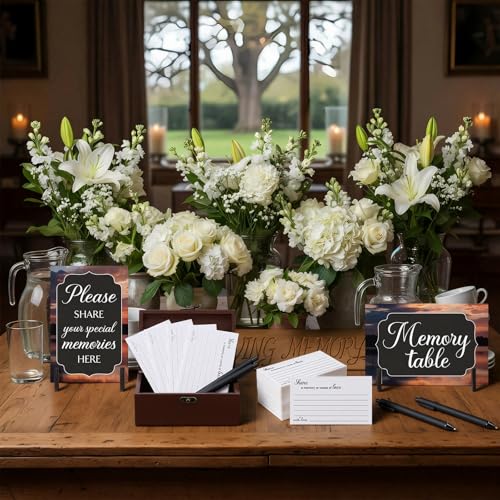 Image of Gilprop 112 Pcs Celebration of Life Memory Cards Set Share a Memory Cards with Box 2 Wood Sign with 4 Hold and 5 Pens, Sympathy Memorial Gifts Funeral Keepsake Decorations(Dusk)