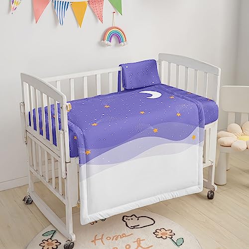 Image of Crib Bedding Set, 3pcs Nursery Bedding with Comforter Crib Sheet & Crib Skirt - Purple Starry Sky Moon Printed for Baby Boys and Girls