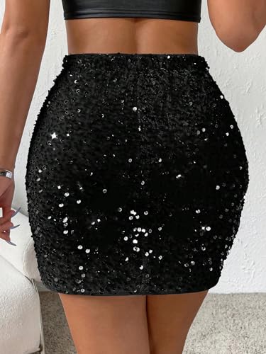 WDIRARA Women's Glitter Contrast Sequin Skirt Split Hem Bodycon Short Club Party Skirts4