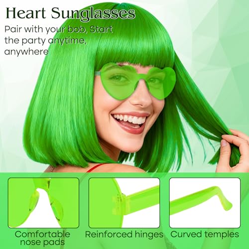 Image of PLULON Grass Green Bob Wig with Bangs, Short Straight Bob Wig with Heart Sunglasses 12 Inch Shoulder Length Heat Resistant Synthetic Hair for Women Natural Look Daily Cosplay Halloween Costume Party