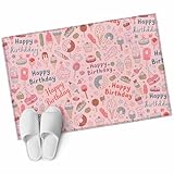 Xibuciein Happy Birthday Felt Area Rug with Dotted Non-Slip Backing, Pink Ice Cream Cakes Donuts Hand-Drawn Desserts Natural Floor Mat for Living Room Bedroom Office, 60x90cm, Rectangle