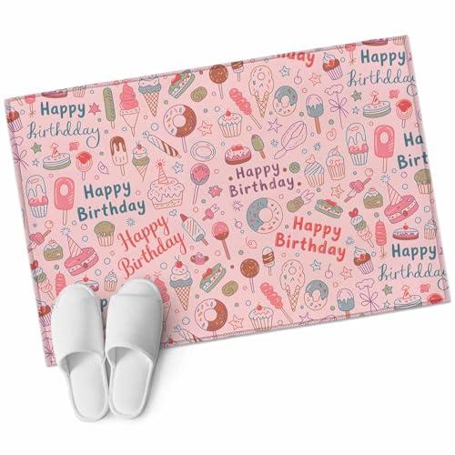 Xibuciein Happy Birthday Felt Area Rug with Dotted Non-Slip Backing, Pink Ice Cream Cakes Donuts Hand-Drawn Desserts Natural Floor Mat for Living Room Bedroom Office, 60x90cm, Rectangle