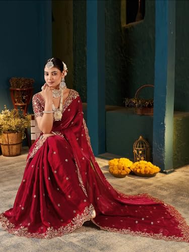 Image of SIRIL Women's Tissue Silk Sequence Embroidery Saree with Unstitched Blouse Piece