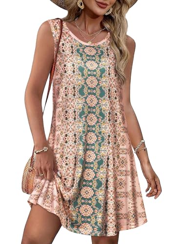 Sundress for Women Floral Bohemian Dress Sleeveless Loose Aline Beach Cover Up(Pink Boho Flower,L)