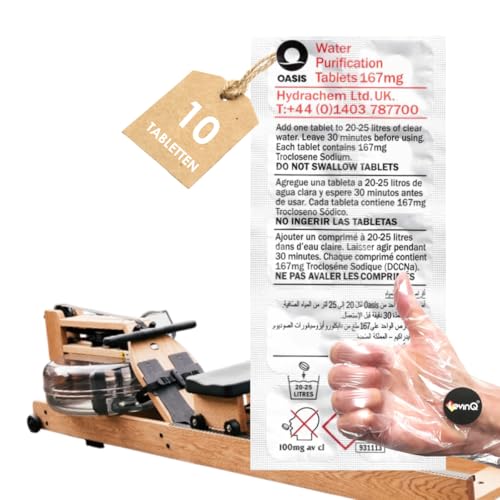 LevinQ 10x Chlortabletten geeignet für Rudergerät wie Waterrower, Skandika, Fitengine, Sportplus - Oasis Chlor Tabletten gegen Algen + Handschuhe (1 Jahresbedarf, pro Tablette 25L entkeimtes Wasser) LevinQ 10x Chlortabletten geeignet für Rudergerät wie Waterrower, Skandika, Fitengine, Sportplus - Oasis Chlor Tabletten gegen Algen + Handschuhe (1 Jahresbedarf, pro Tablette 25L entkeimtes Wasser)