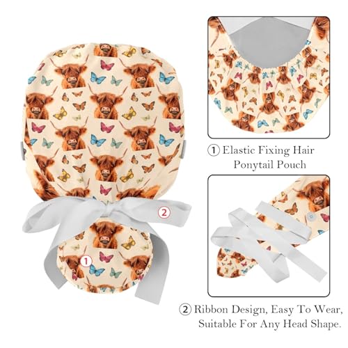 Image of 2 PCS Bouffant Cap with Button Ponytail Pouch Working Cap Sweatband Adjustable Surgical Cap Black and White Cow