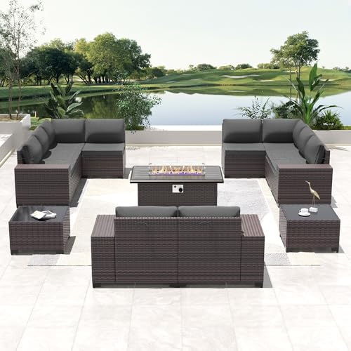 Image of 13 PCS Outdoor Patio Furniture Set,Outdoor Sectional Furniture with 43 inch 55000 BTU Gas Propane Fire Pit Table,All Weather PE Rattan Wicker Patio Conversation Set,Grey