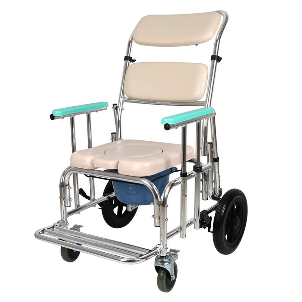 Krzesło toaletowe Commode, składane krzesło toaletowe Bedside Commode dla seniorów z kółkami Regulowane oparcie/osłona przeciwbryzgowa/schowek/pokrywa Solidne i łatwe w montażu