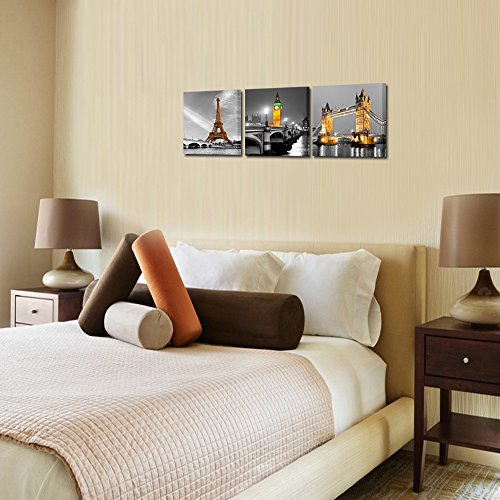 Kreative Arts - 3 Panel Paris Effiel Tower Canvas Painting Picture City Building London Bridge Big Ben Landscape Wall Art Modern Printing Ready To Hang (12X12Inchx3Pcs) #TOP3