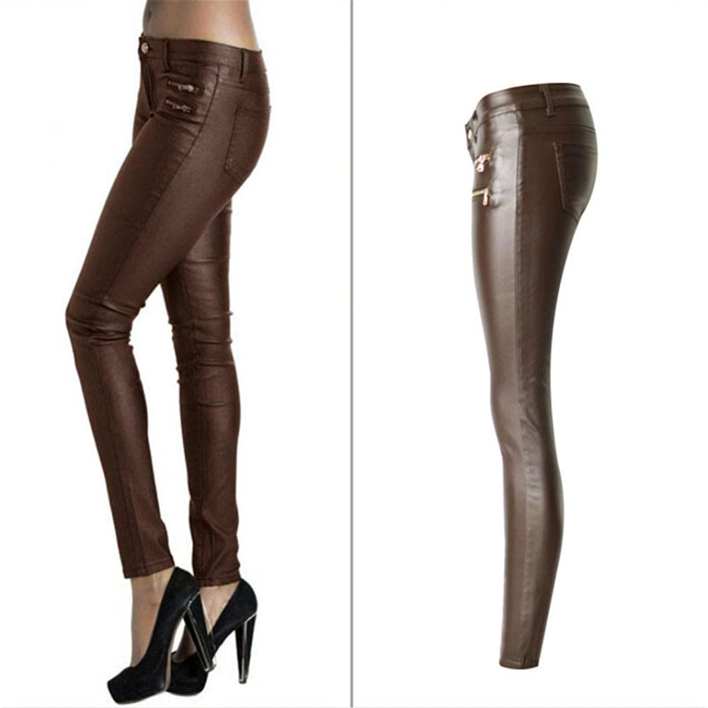 Niedrige Taille braune dünne Hosen Frauen PU-Beschichtung Push Up Jeans Femme Mode Gefälschte Reißverschlüsse Elastizität Pantalones Mujer-34.