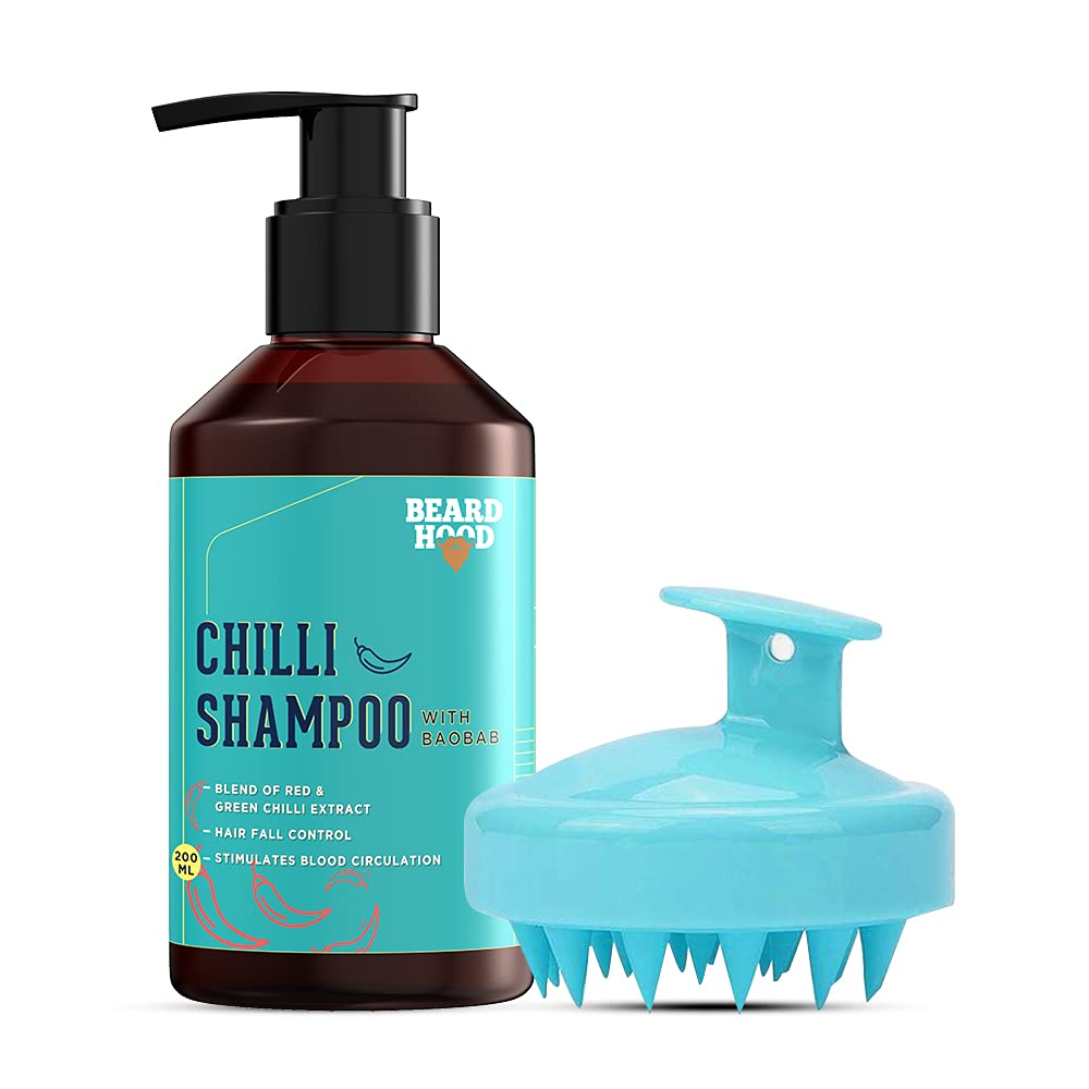 Beardhood Chilli Shampoo for Hair Growth, 200ml & Hair Scalp Massager Shampoo Brush with Soft Silicone Bristles (Shampoo+ Brush)