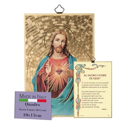 Fratelli Bonella Cuadro sagrado sobre madera MDF de álamo 8 mm con mosaico de lámina dorada del Sagrado Corazón de Jesús con Oracion en la parte posterior 10 x 15 cm Fabricado en Italia