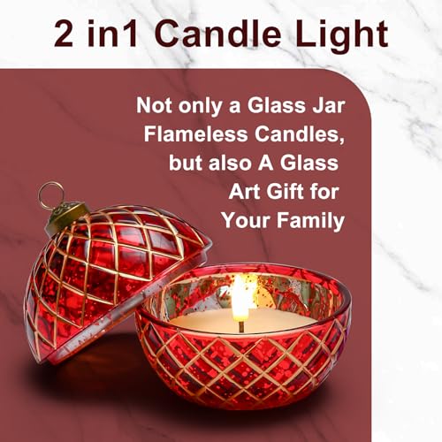 Image of Birthday Glass Flameless LED Candles Wedding Decorative Light Birthday Gift for Her,Battery Operated Flickering Electric LED Ball Candles,Jar Candle for Home Party with Glass Cover Gifts for Wife(Red)