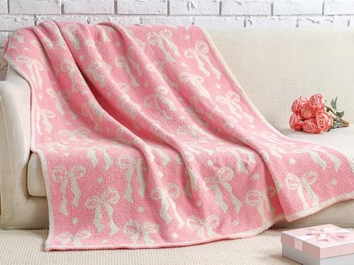 Buryeah Pink Bow Blanket Soft Microfiber Double Sided Bow Throw Blanket 50x 60 Coquette Aesthetic Plush Bedding Stuff Sofa Chair Dormitory Preppy Room Decor for Women Wedding Bridesmaid Gifts Mom