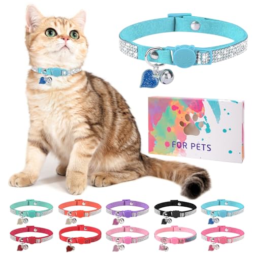 DILLYBUD Rhinestone Cat Collar with Bell, Blue, 8-12