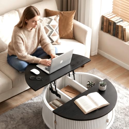 Image of Round Lift Top Coffee Table, 31.5 Inch Farmhouse Center Table with Hidden Storage & Sliding Door, Fluted White Drum Table for Living Room
