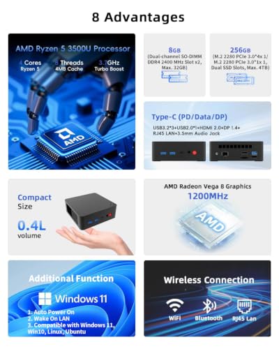 Image of Mini PC AMD Ryzen 5 3500U 8GB /256GB Windows 11 4K Triple WiFi Bluetooth | USB-C, HDMI, DP Ports. VESA Mount, Compact. Connect up to 3 Displays. Desktop Computer for Home Office, Business, Students
