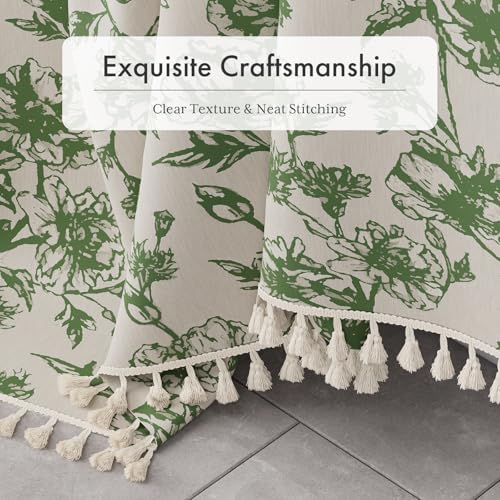 Image of AmazerBath Sage Green Floral Shower Curtain, Modern Farmhouse Shower Curtain Set with Tassels, Rustic Faux Linen Shower Curtain Washable with Hooks for Cottagecore Style, 72x72 Inches