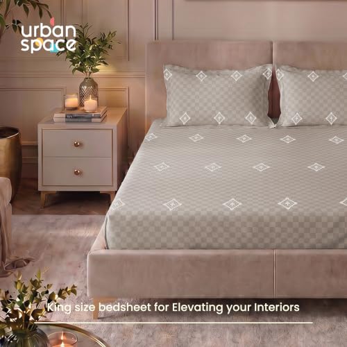 Image of Urban Space 100% Cotton 300TC Jacquard Embroidered bedsheets for King Size Bed, Pure Cotton King Bedsheet, Checks bedsheet King Size with 2 Pillow Covers (108 inch x 108 inch, Diamond Soft Brown)